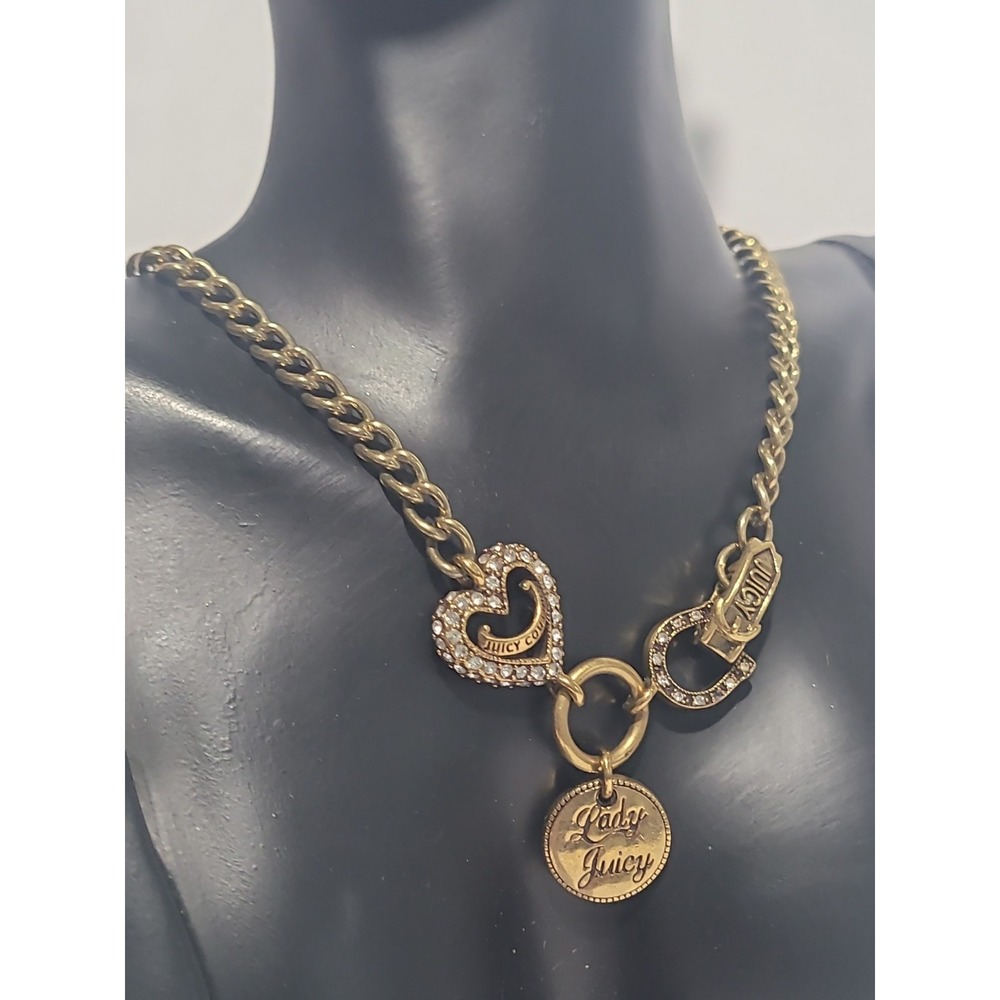 Juicy Couture Gold Tone Curb Chain Necklace Heart Charm Clear Stones
